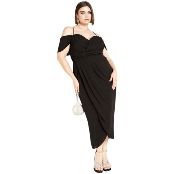 City Chic NWT Entwine Tulip Drape Maxi Dress Black Size 16 V-Neck Off Shoulder - Picture 13 of 13